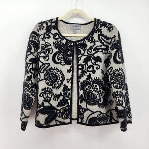 Classiques Enrier Cashmere Floral‎ Cardigan Sweater Gray Black Womens Medium